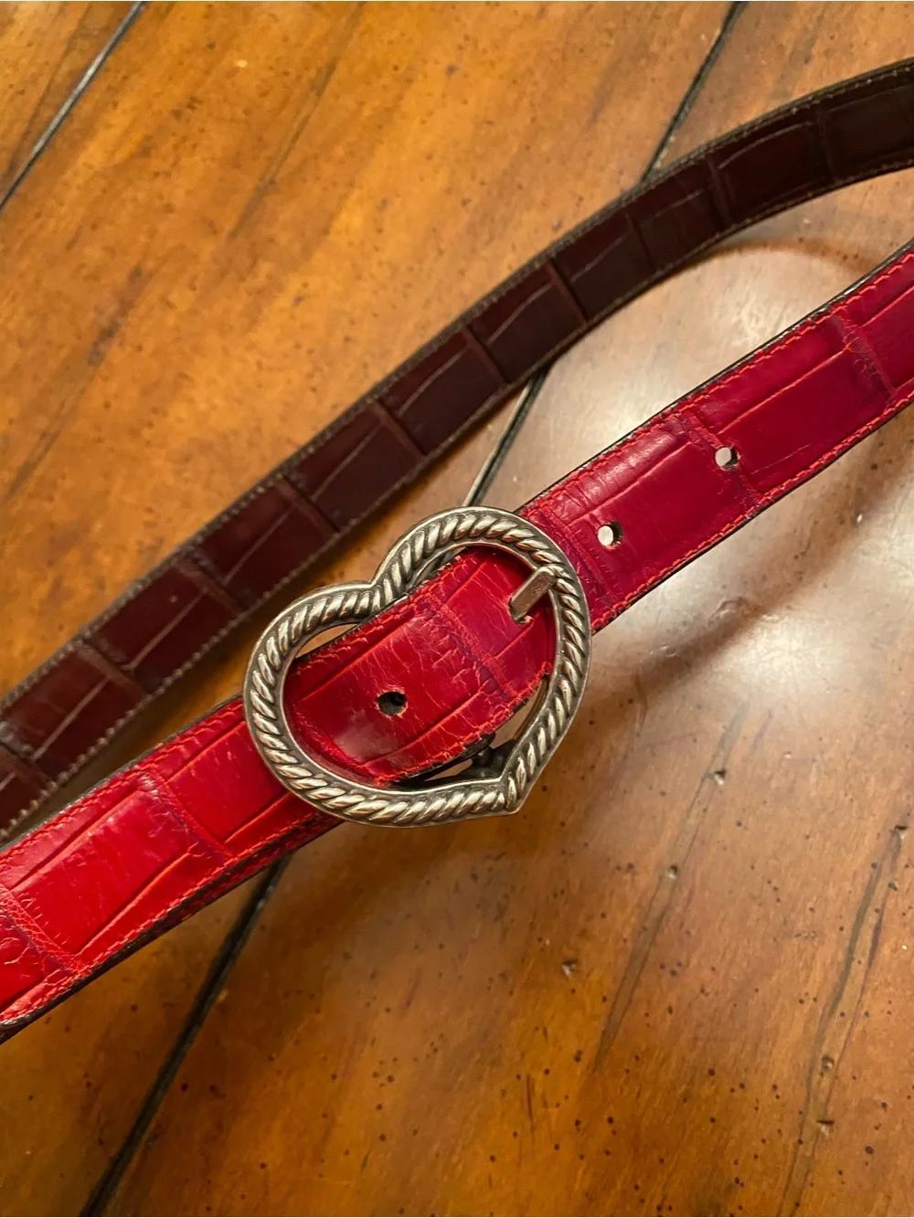 Brighton Heart Buckle Leather Reversible Crock Embossed Belt. Brown and Red M/L